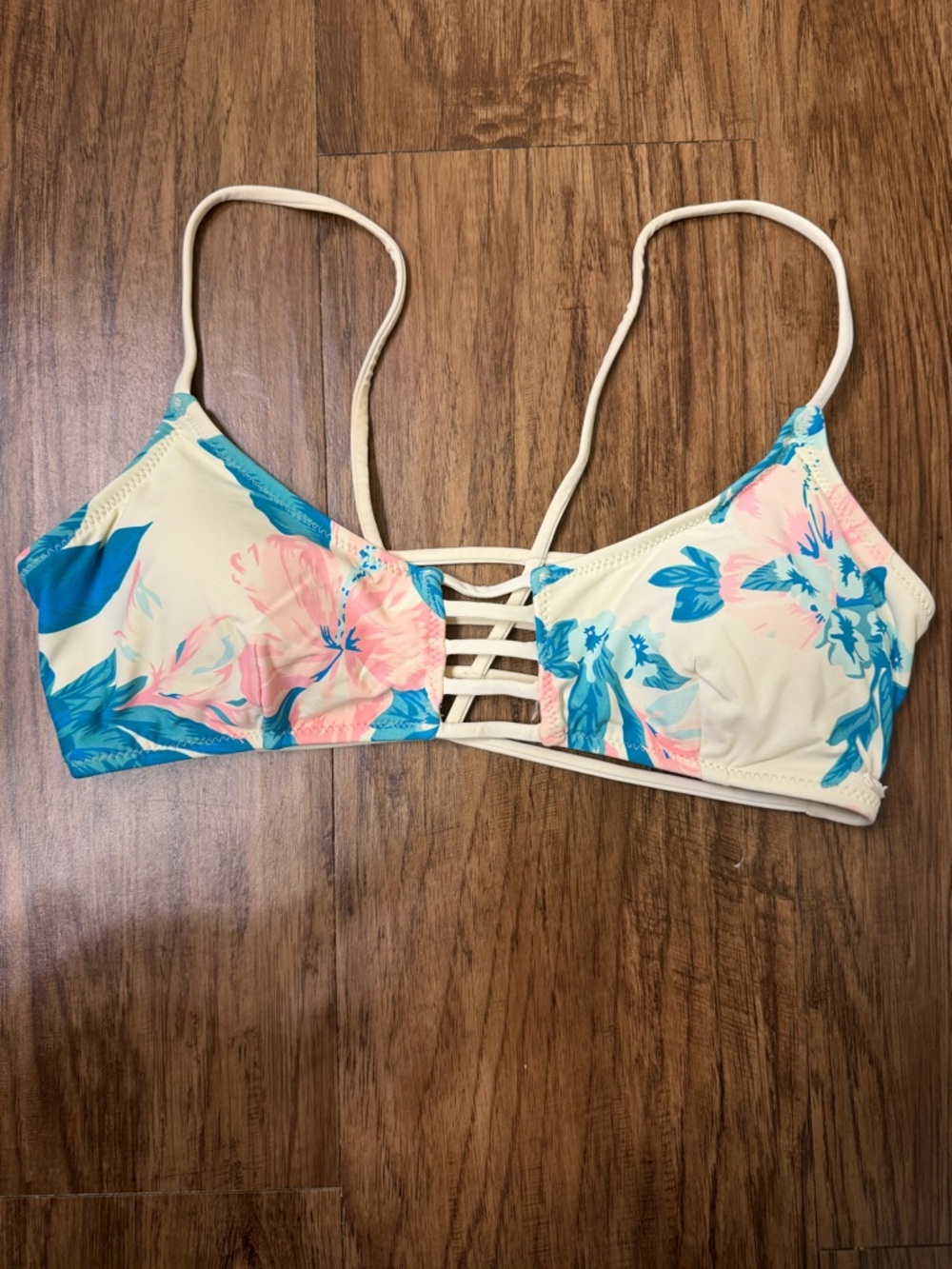 Floral Strappy Bikini Top in Cream, Blue & Pink
